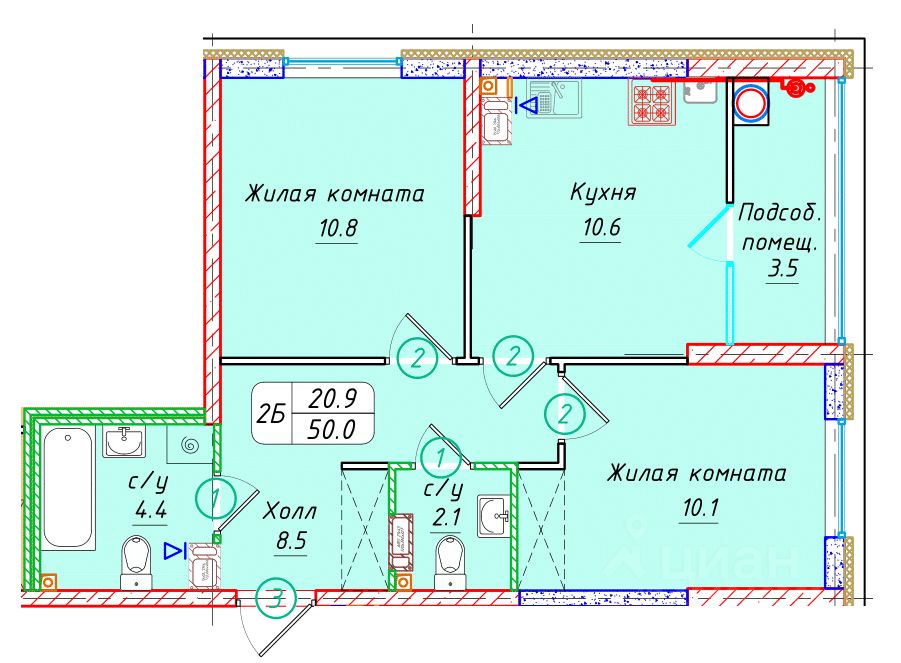 2-комн.кв., 50 м², 5/22 этаж
