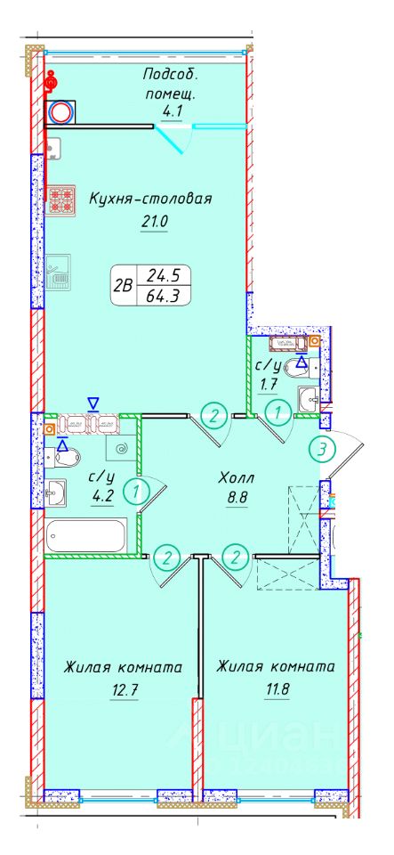 2-комн.кв., 64,3 м², 4/22 этаж