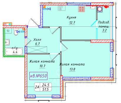 2-комн.кв., 51,5 м², 2/22 этаж