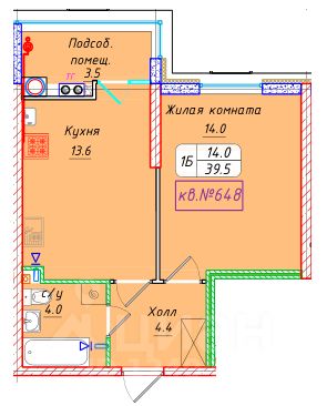 1-комн.кв., 39,5 м², 2/22 этаж
