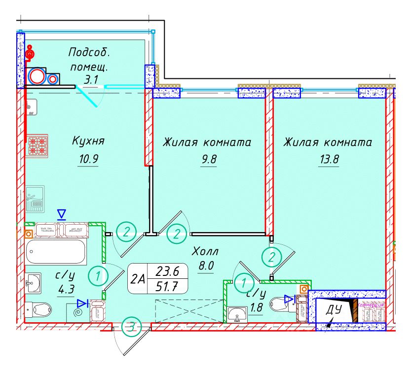 2-комн.кв., 51,7 м², 22/22 этаж