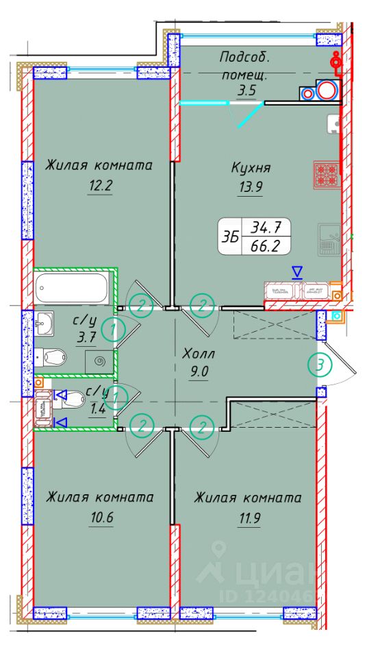 3-комн.кв., 66,2 м², 22/22 этаж