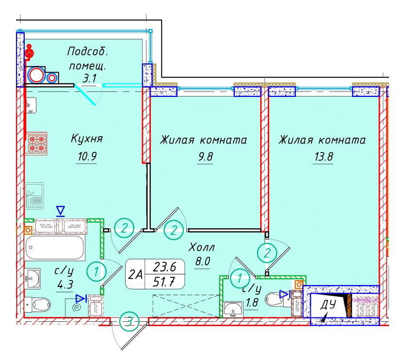 2-комн.кв., 51,7 м², 19/22 этаж
