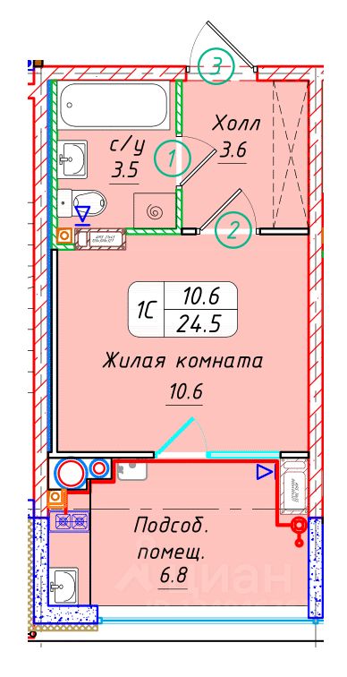 Студия, 24,5 м², 19/22 этаж