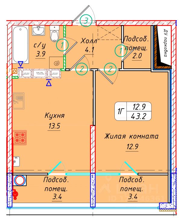 1-комн.кв., 43,2 м², 18/22 этаж