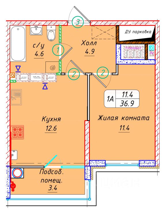 1-комн.кв., 38,3 м², 17/22 этаж
