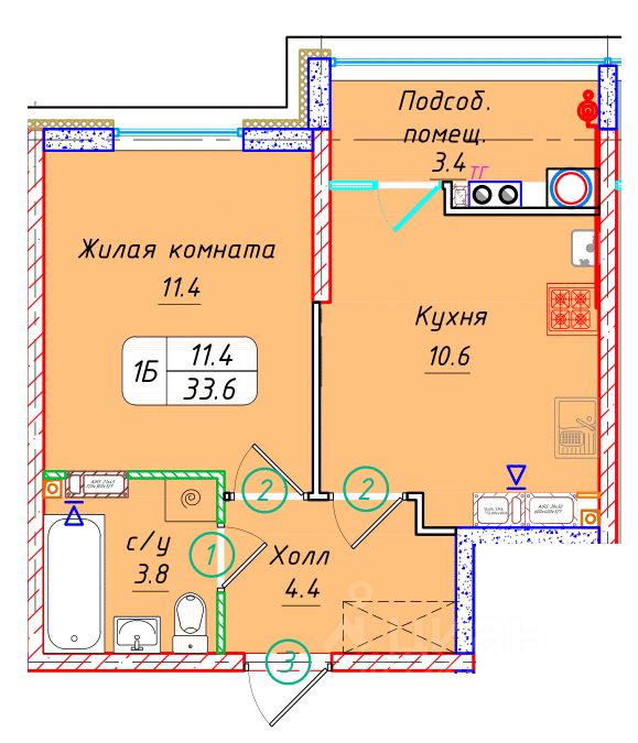 1-комн.кв., 33,6 м², 16/22 этаж