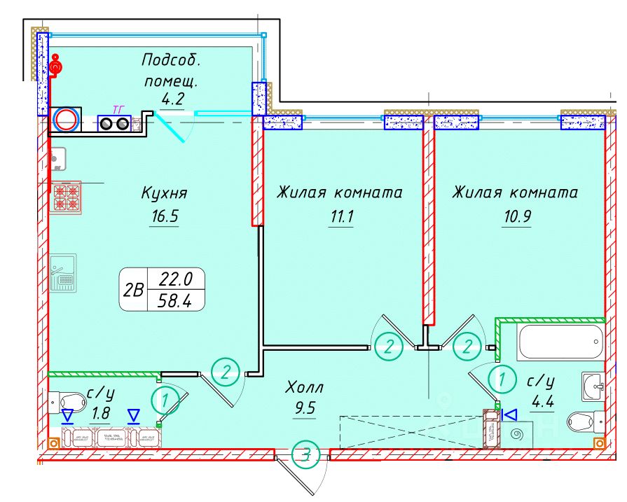 2-комн.кв., 58,4 м², 12/22 этаж