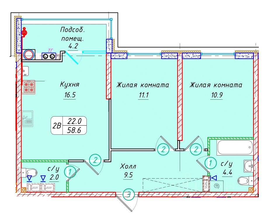 2-комн.кв., 58,6 м², 9/22 этаж