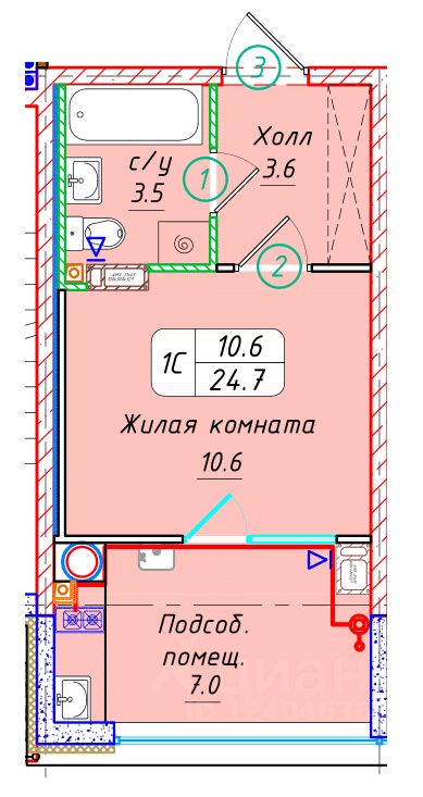 Студия, 24,7 м², 6/22 этаж