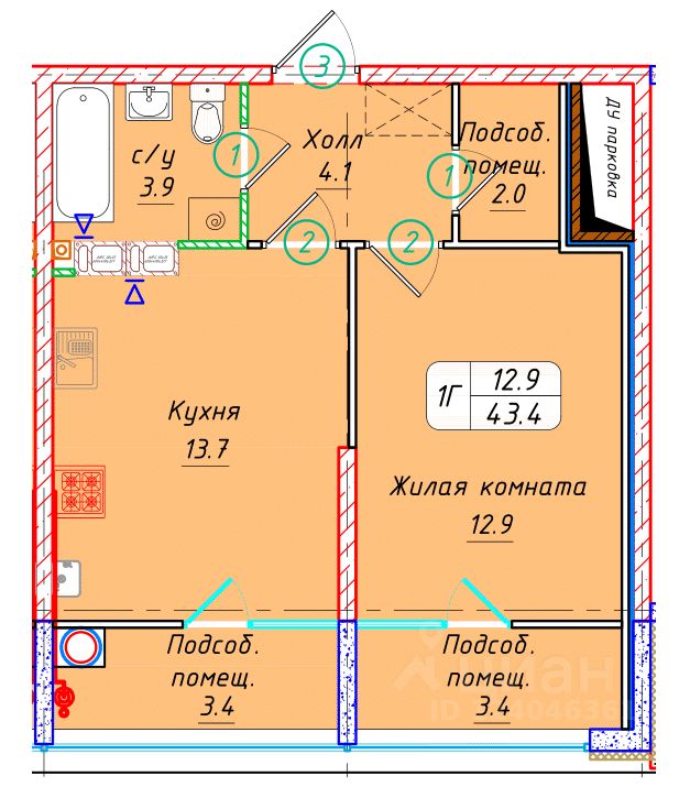 1-комн.кв., 43,4 м², 7/22 этаж