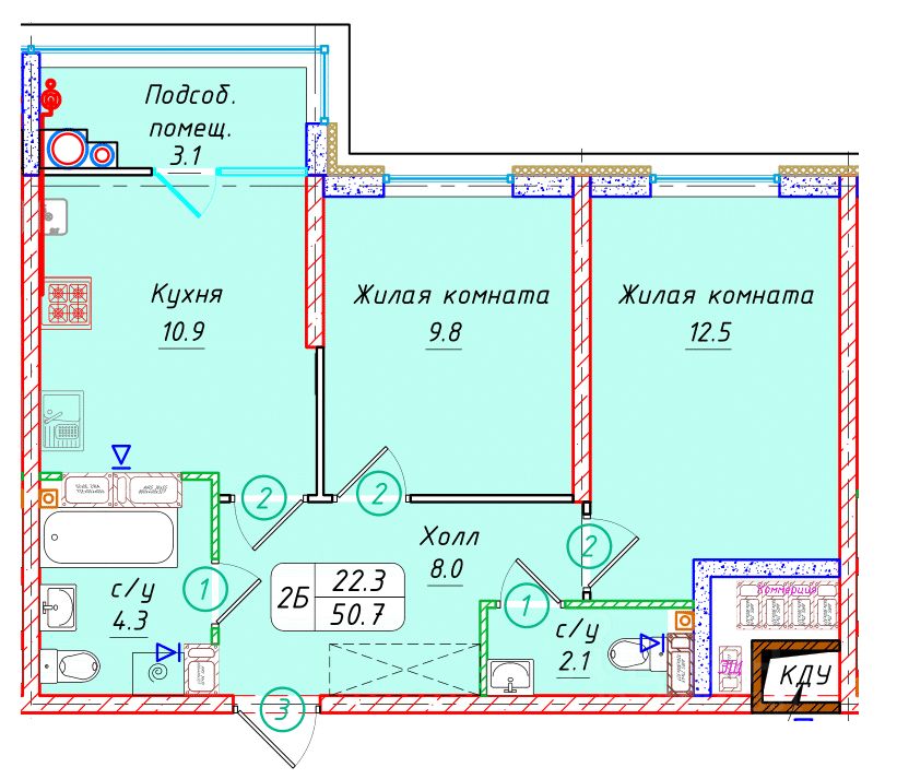 2-комн.кв., 50,7 м², 22/22 этаж