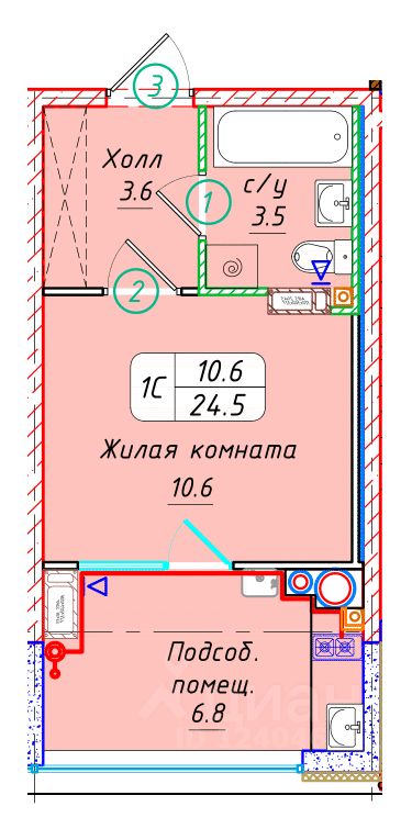 Студия, 24,5 м², 22/22 этаж