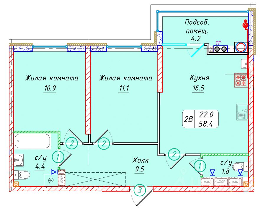 2-комн.кв., 58,4 м², 12/22 этаж