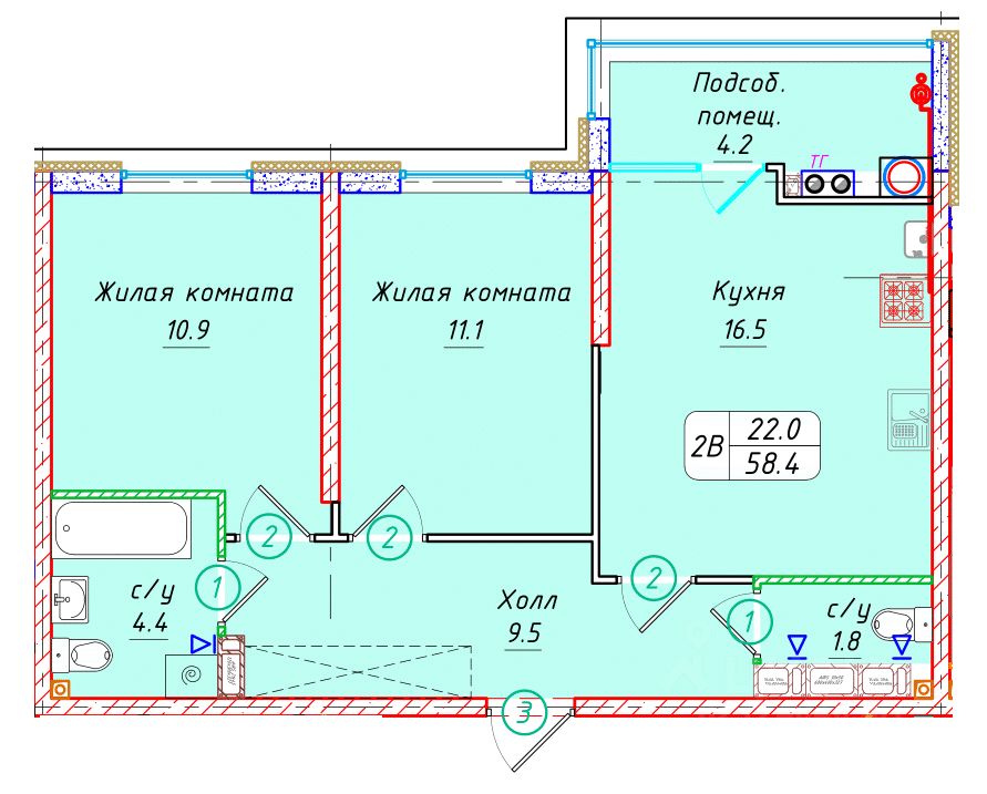 2-комн.кв., 58,4 м², 13/22 этаж