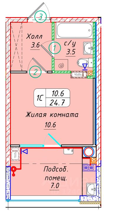 Студия, 24,7 м², 9/22 этаж