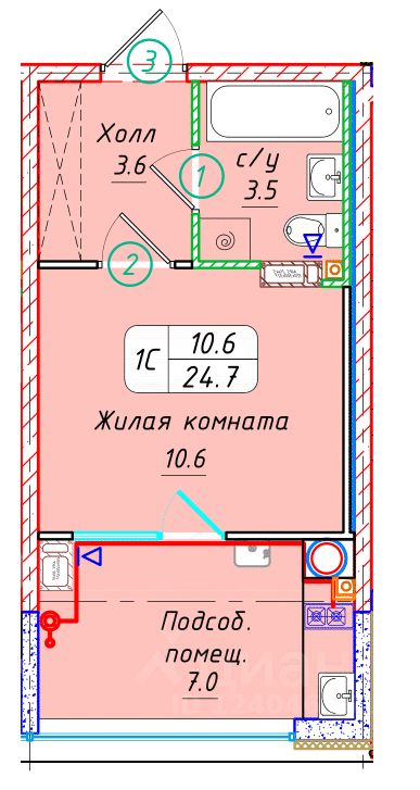 Студия, 24,7 м², 8/22 этаж