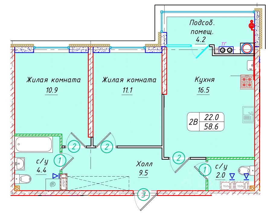 2-комн.кв., 58,6 м², 10/22 этаж