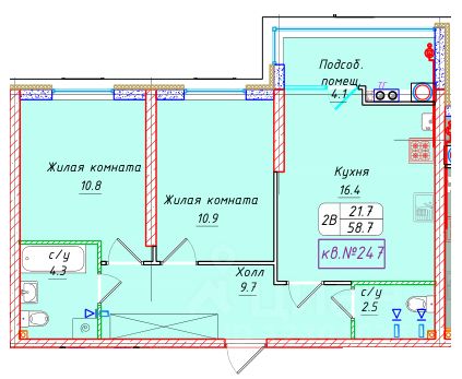 2-комн.кв., 58,7 м², 2/22 этаж