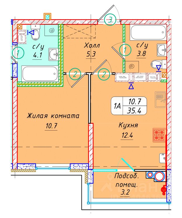 1-комн.кв., 35,4 м², 20/22 этаж
