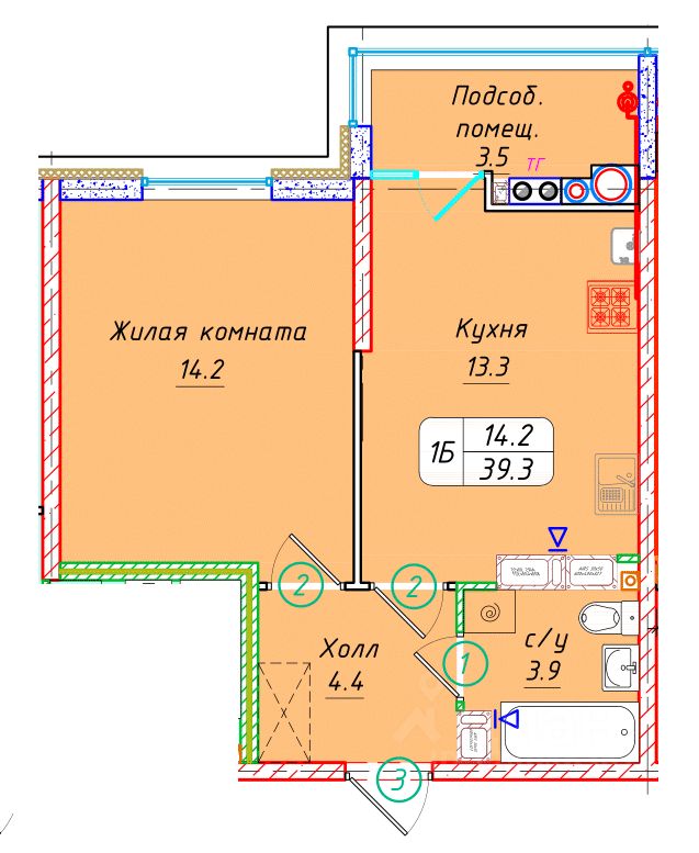 1-комн.кв., 39,3 м², 19/22 этаж