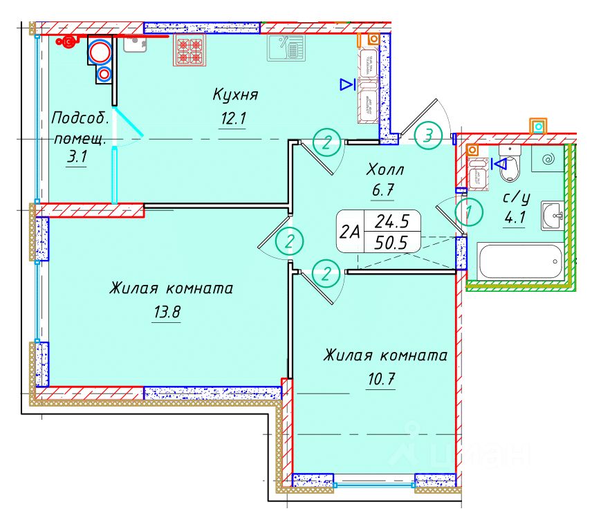 2-комн.кв., 50,5 м², 20/22 этаж