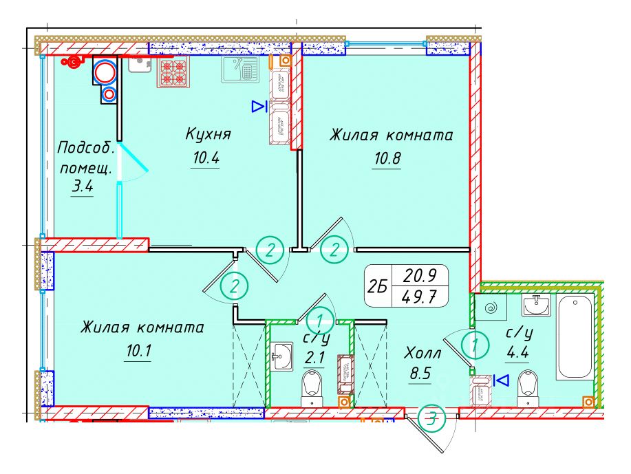 2-комн.кв., 49,7 м², 19/22 этаж