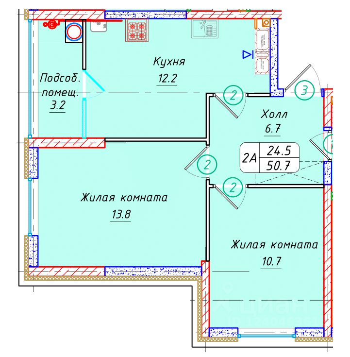 2-комн.кв., 50,7 м², 17/22 этаж