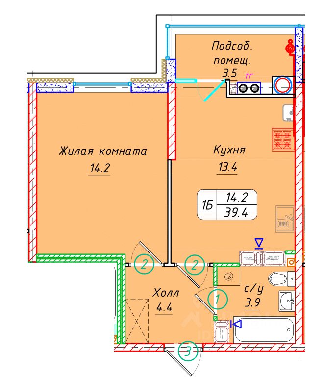 1-комн.кв., 39,4 м², 18/22 этаж