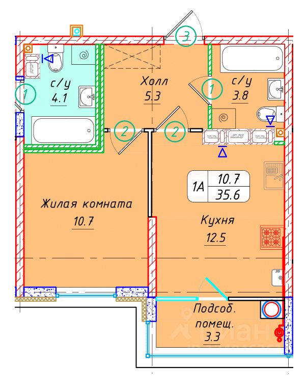 1-комн.кв., 35,6 м², 15/22 этаж