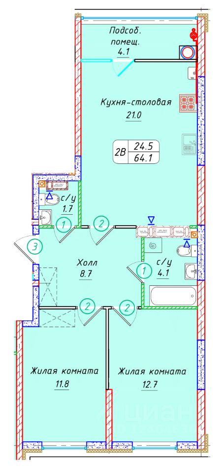 2-комн.кв., 64,1 м², 15/22 этаж