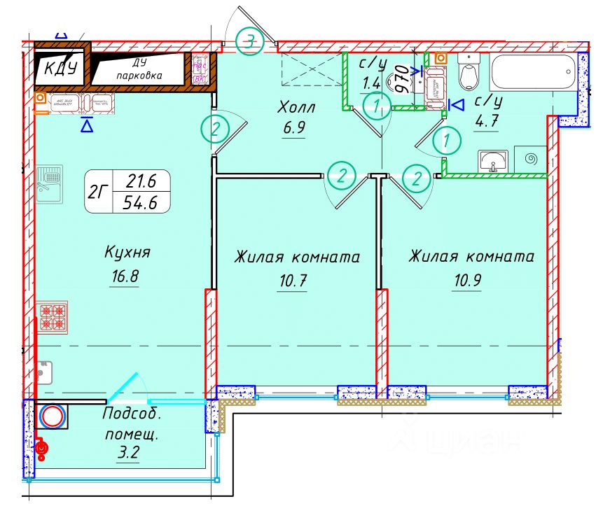 2-комн.кв., 54,6 м², 15/22 этаж