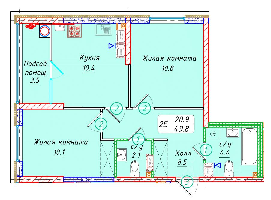 2-комн.кв., 49,8 м², 13/22 этаж