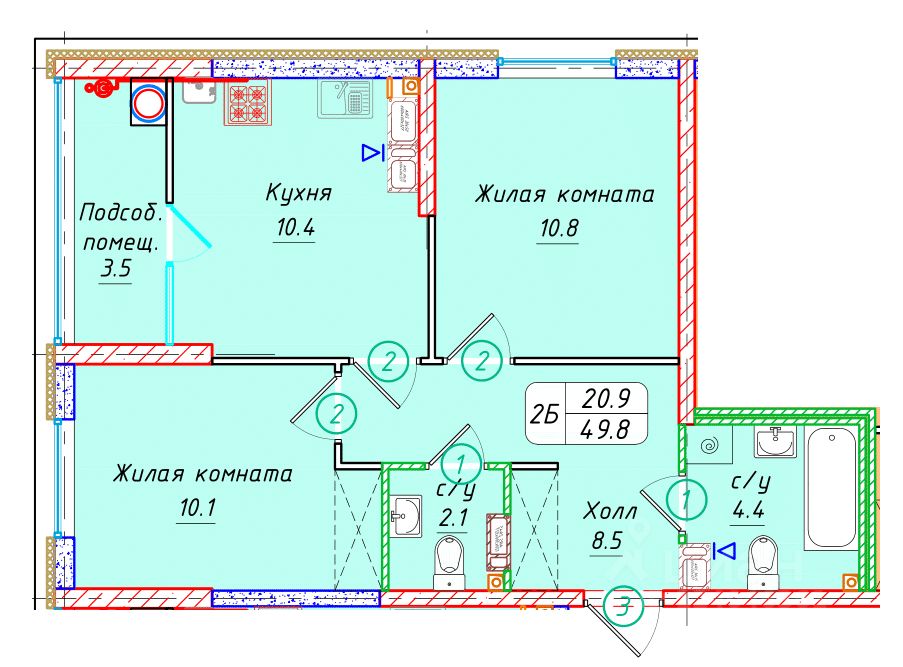 2-комн.кв., 49,8 м², 11/22 этаж