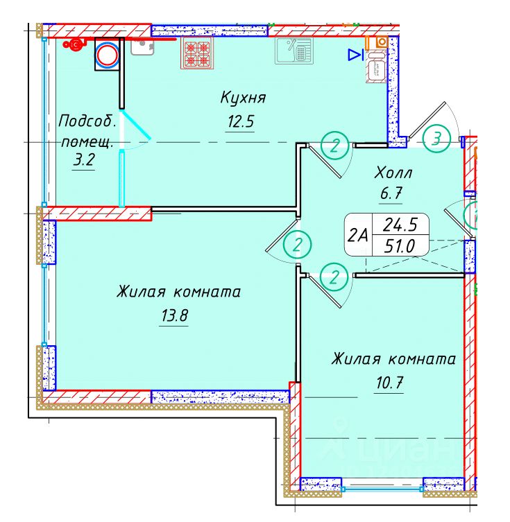 2-комн.кв., 51 м², 10/22 этаж