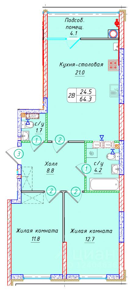 2-комн.кв., 64,3 м², 8/22 этаж