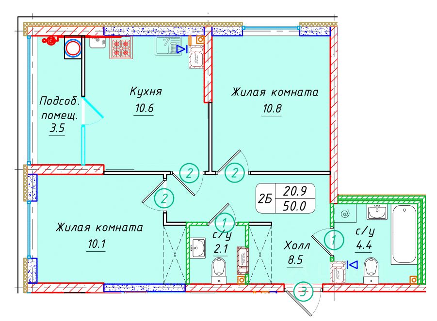 2-комн.кв., 50 м², 7/22 этаж