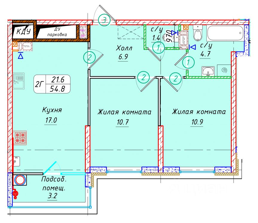 2-комн.кв., 54,8 м², 3/22 этаж