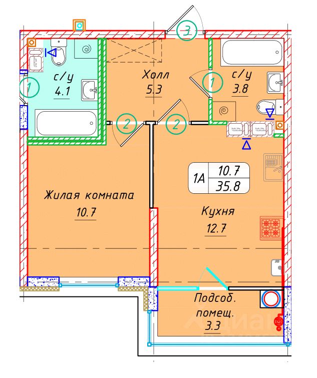 1-комн.кв., 35,8 м², 3/22 этаж