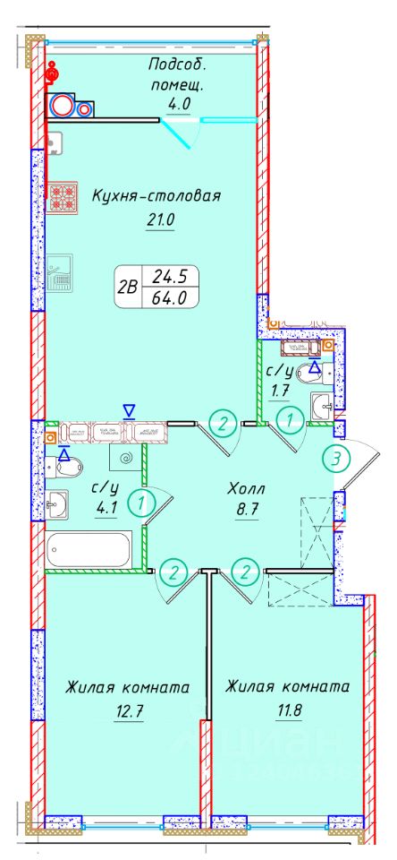 2-комн.кв., 64 м², 20/22 этаж