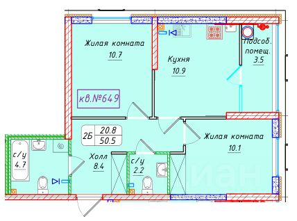 2-комн.кв., 50,5 м², 2/22 этаж