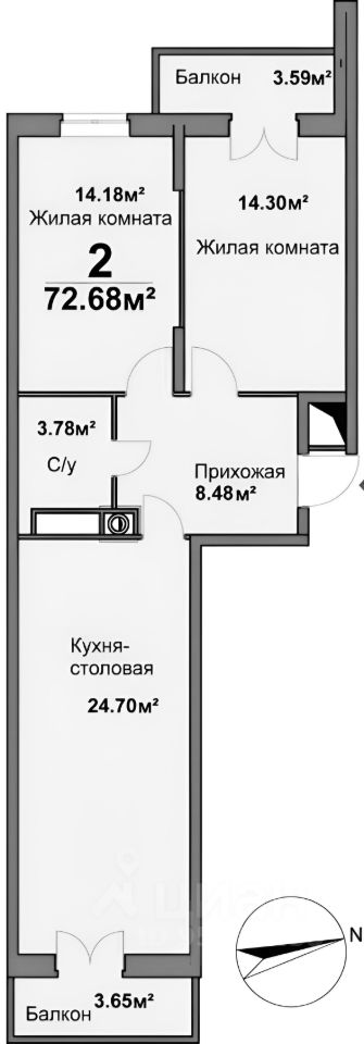 Планировка этой квартиры по данным Циан