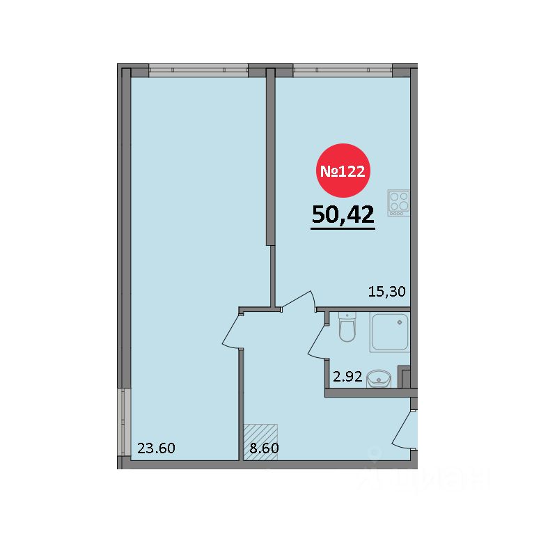 1-комн.кв., 50,4 м², 2/8 этаж