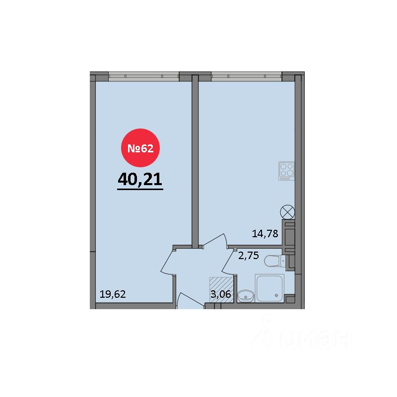 1-комн.кв., 40,2 м², 6/8 этаж