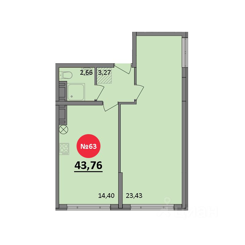 1-комн.кв., 43,8 м², 6/8 этаж