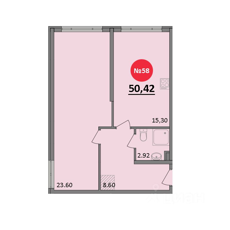 1-комн.кв., 50,4 м², 3/8 этаж