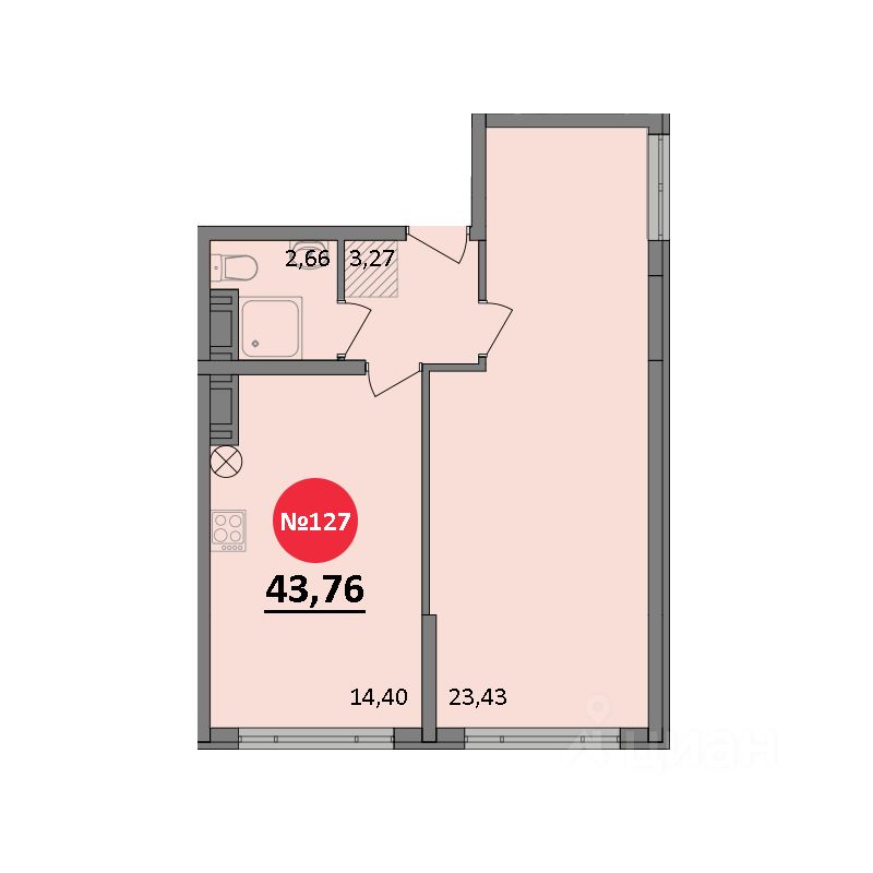 1-комн.кв., 43,8 м², 7/8 этаж