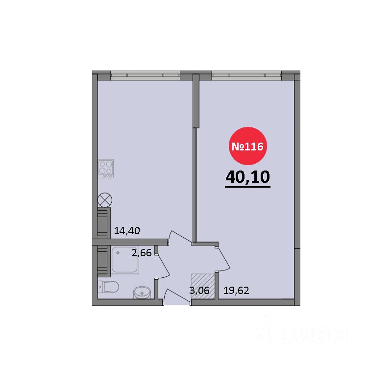 1-комн.кв., 40,1 м², 3/8 этаж