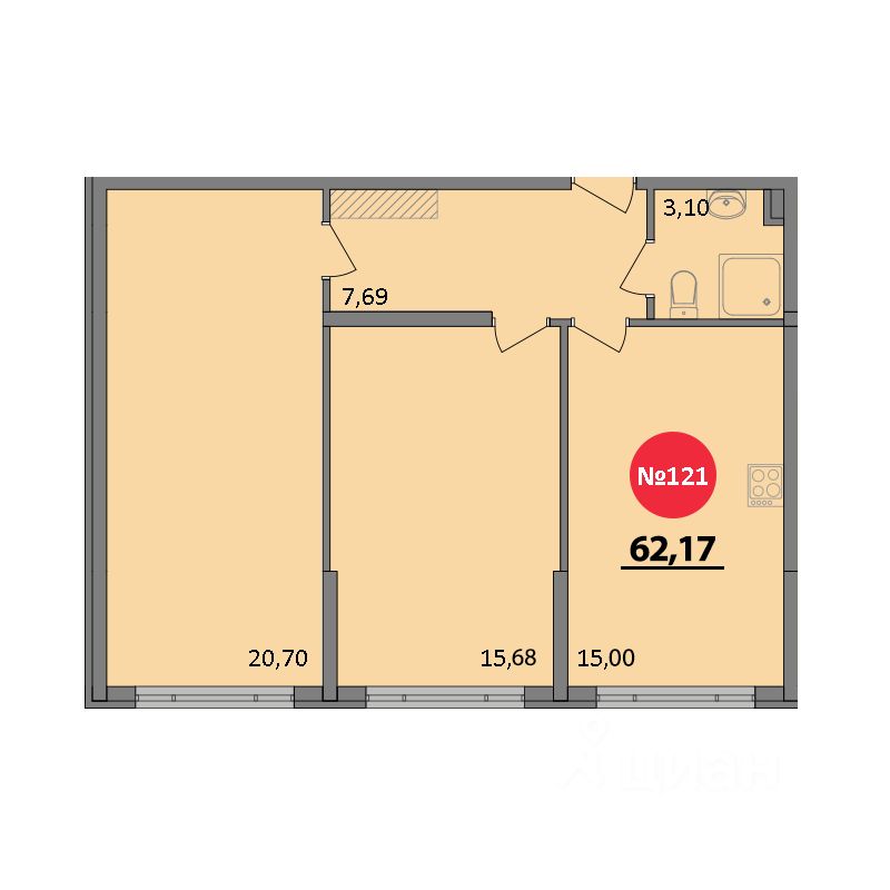 2-комн.кв., 62,2 м², 3/8 этаж