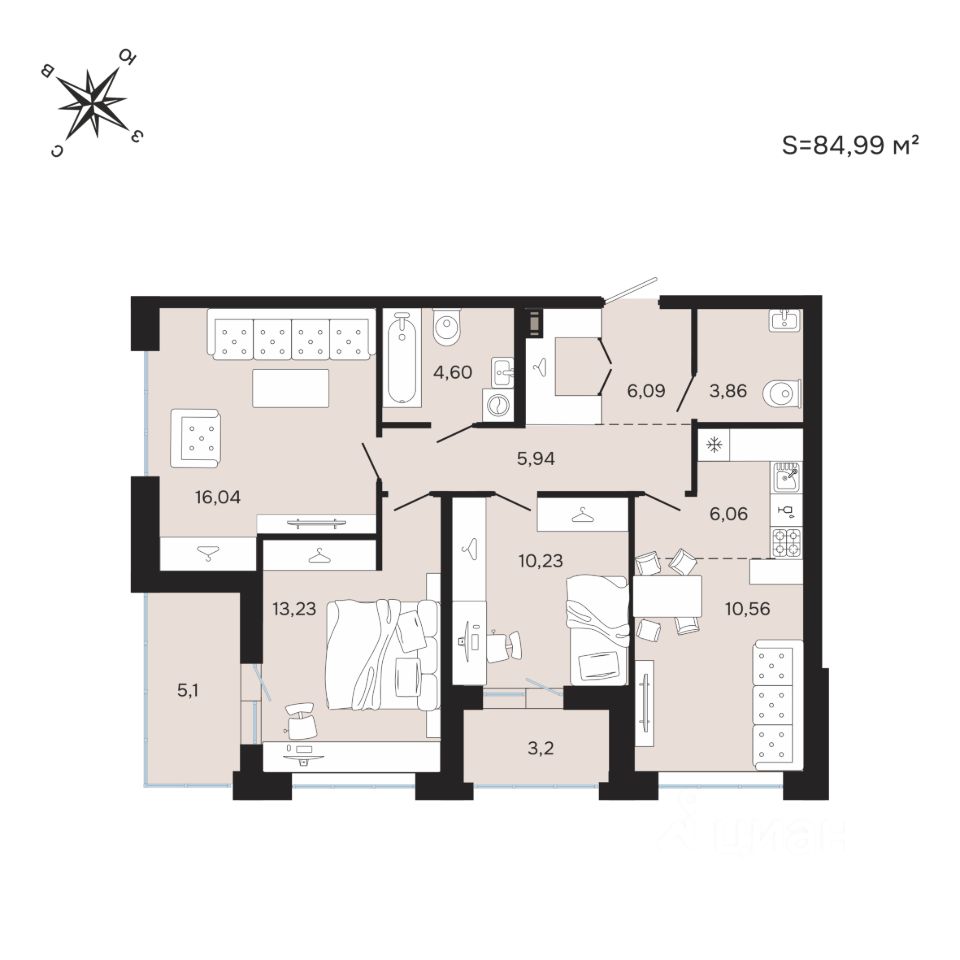 3-комн.кв., 85 м², 2/25 этаж